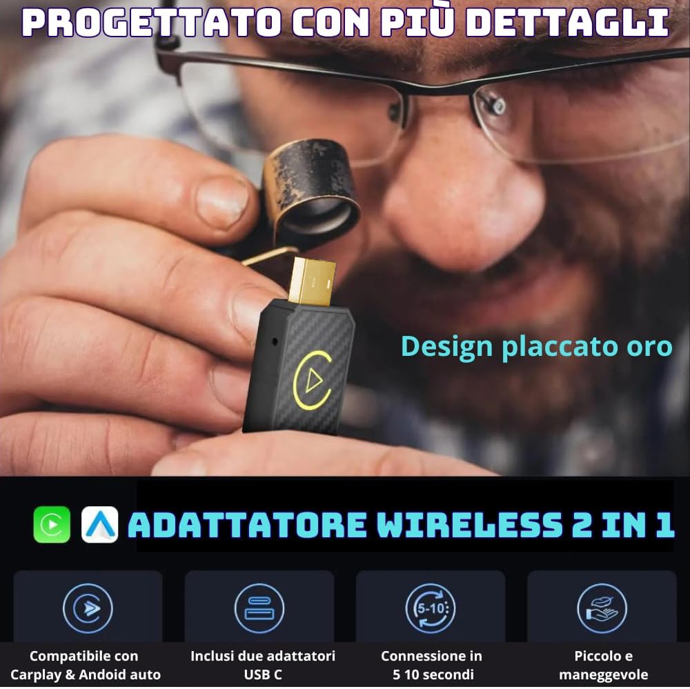 Adattatore Wireless per CarPlay e Android Auto – Da Cablato a Wireless, Plug & Play, USB-C/USB-A, Mini, Nero - immagine 6