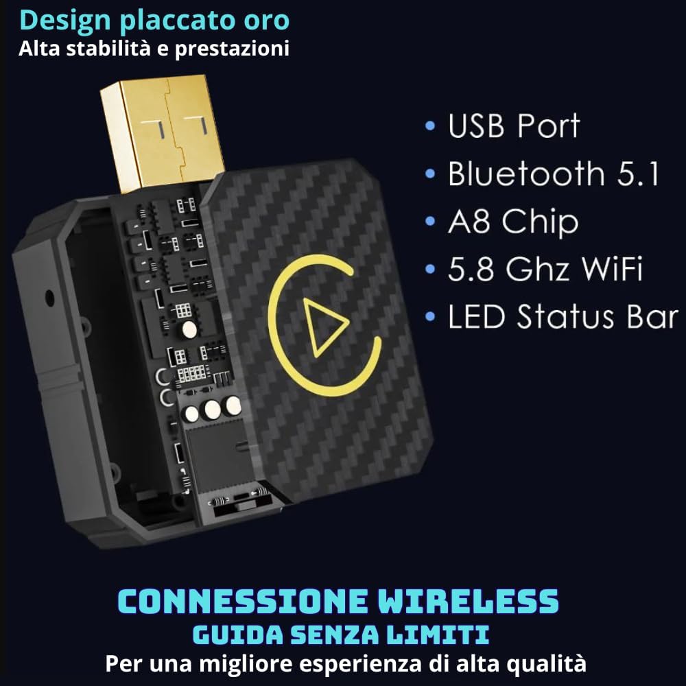 Adattatore Wireless per CarPlay e Android Auto – Da Cablato a Wireless, Plug & Play, USB-C/USB-A, Mini, Nero - immagine 5