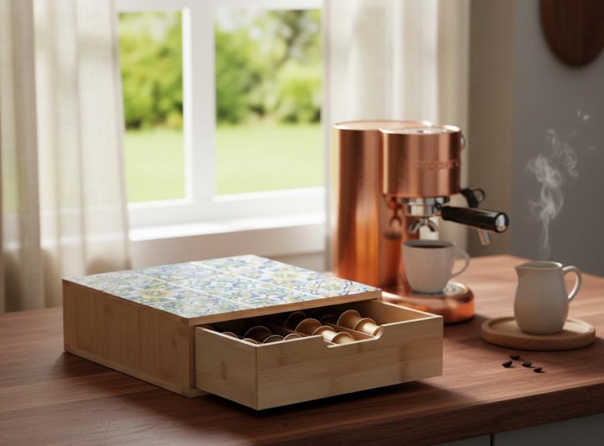 Porta Cialde e Capsule in Bambù con Ripiano in Vetro 30x30x10 cm – Organizer con Cassetto Salvaspazio - immagine 2