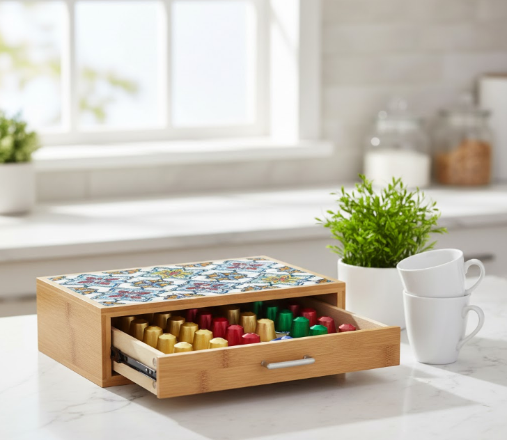 Porta Cialde e Capsule in Bambù con Ripiano in Vetro 30x30x10 cm – Organizer con Cassetto Salvaspazio - immagine 5